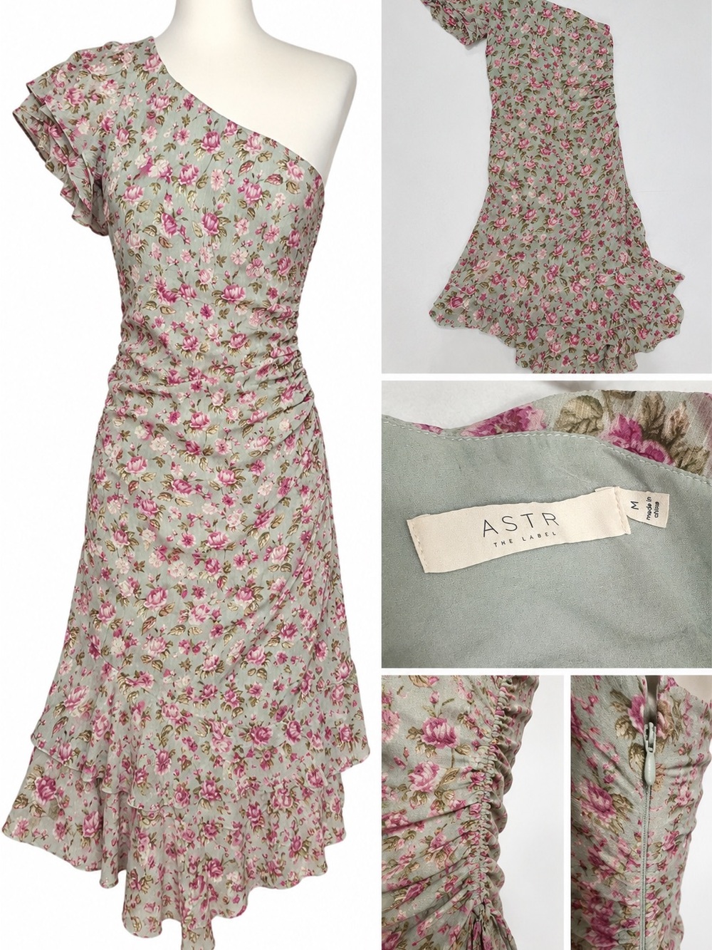 Astr One-Shoulder Floral Ruffle Midi Dress in Sage and Pink